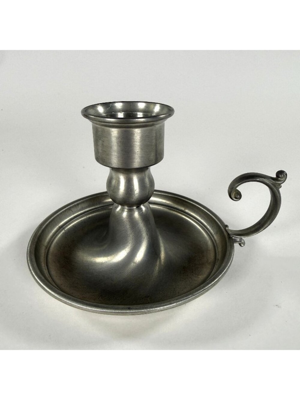 Early American Pewter by WEB Chamberstick Candlestick Holder Scrolled Handle